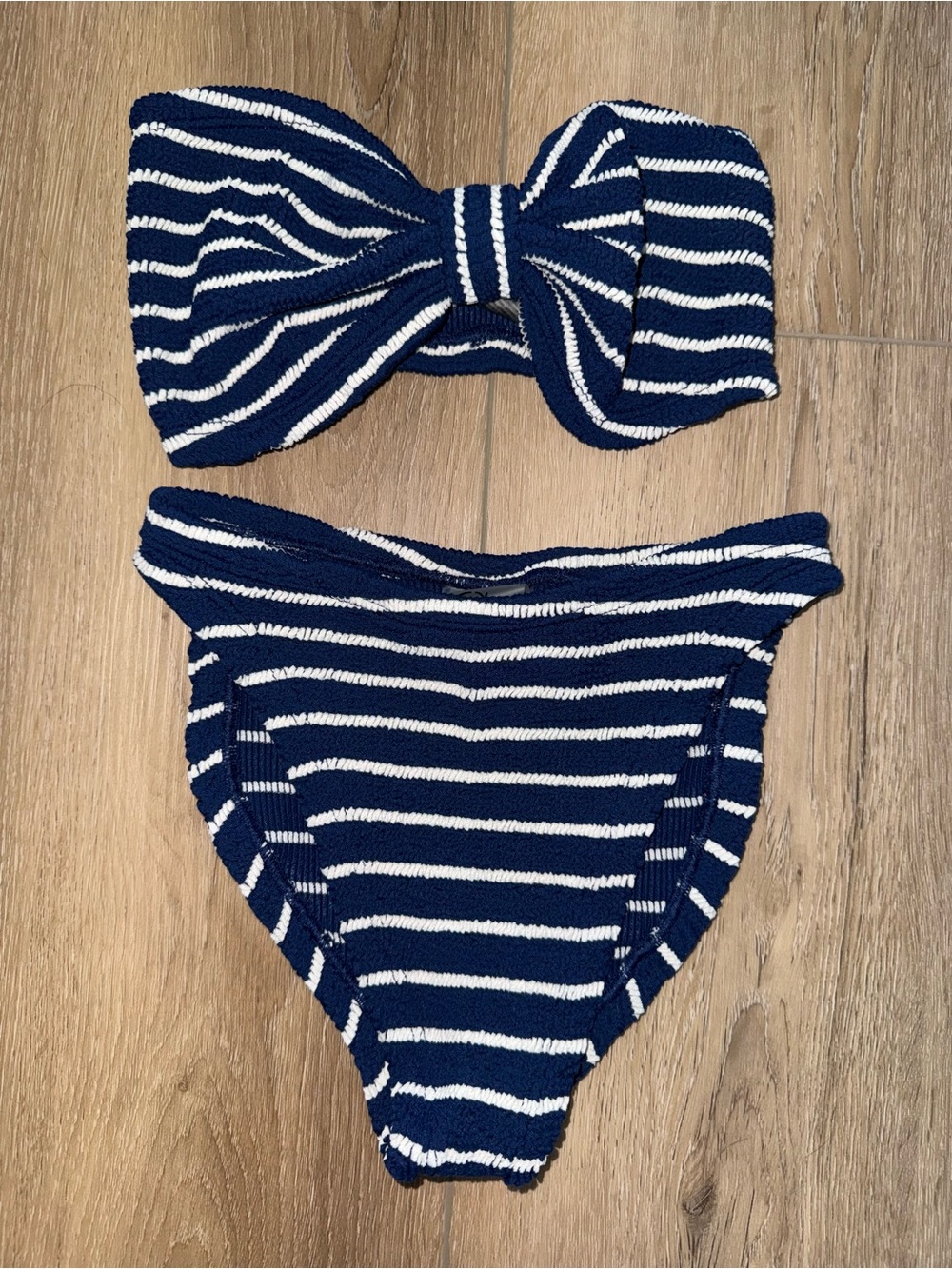 Hunza G Navy Blue White Stripe Jean Bikini Bandeau Top High Waisted Bottoms Set